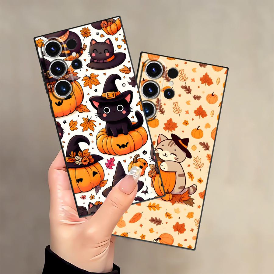 Case for Samsung Galaxy S20 S25 Edge S21 FE S24 Plus S23 Ultra Black Soft Phone Cover Pumpkin Cat