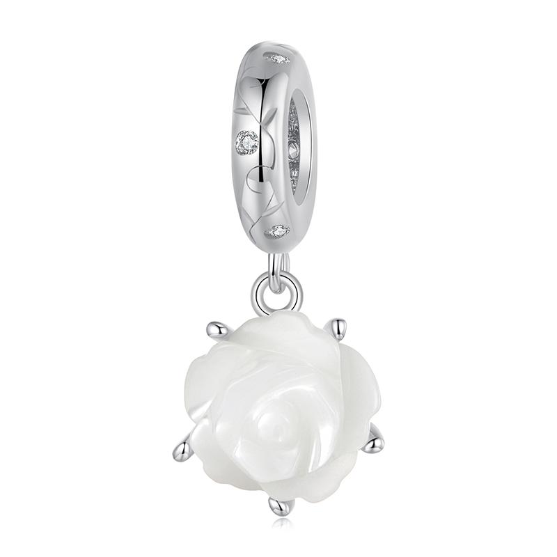WOSTU S925 Silver Natural White Shell Rose Ring Earrings For Women Wedding Jewelry Set Flower Open Ring Earring Valentine Gift