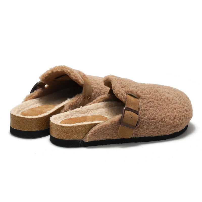 Foot Winter Women's Cork Cotton Shoes One Pedal Women's Beach Plush Student Suede Shoes Warm Cowhide Plush KWN