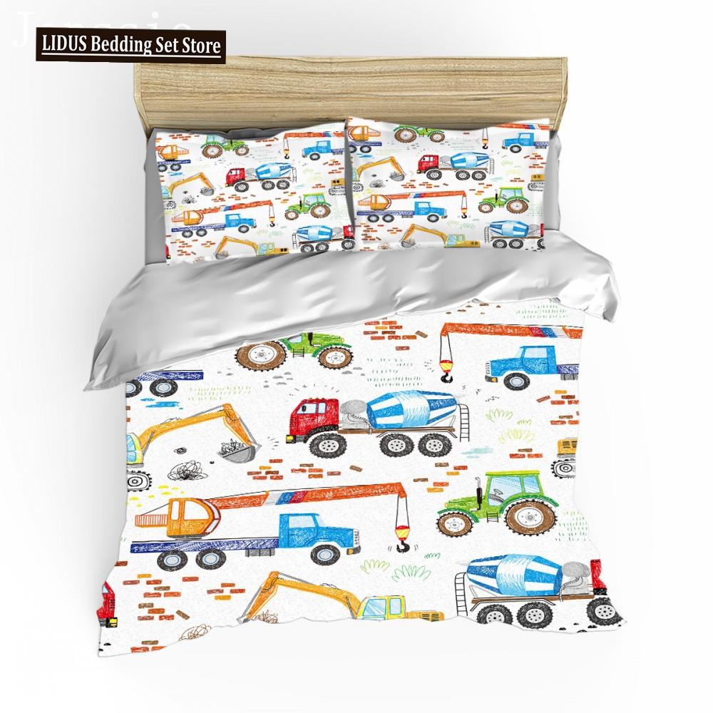 Cartoon Feuerwehrauto King Queen Bettwäscheset für Jungen Kinder Betonmischer Bettbezug Traktor Kran Bagger Polyester Quiltbezug