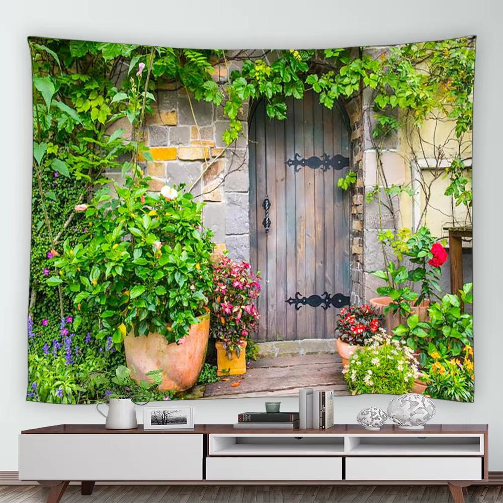 Street Flower Scenery Tapestry Vintage Blue Wooden Door Floral Plants Nature Landscape Home Garden Decor Wall Hanging Picnic Mat