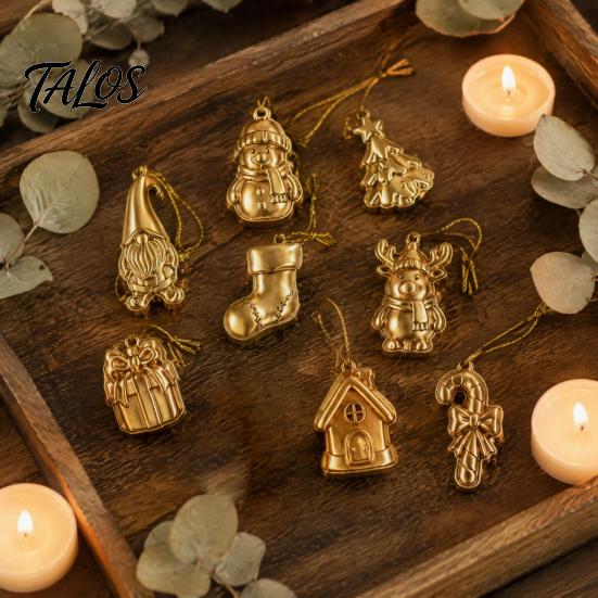 Christmas Gift Box Ornaments 8Pcs Mini Tree Ornaments, Gold Gnome Sock Hanging Decor, Tiny Lightweight Plastic Holiday Decor Xmas Accessories