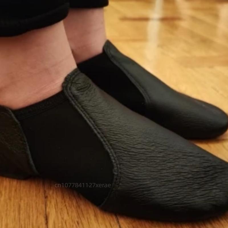 Adult and Children's Low Heeled Jazz Dance Shoes, Camel and Black Oxford Cloth Genuine Leather Elastic Cloth Jazz Shoes