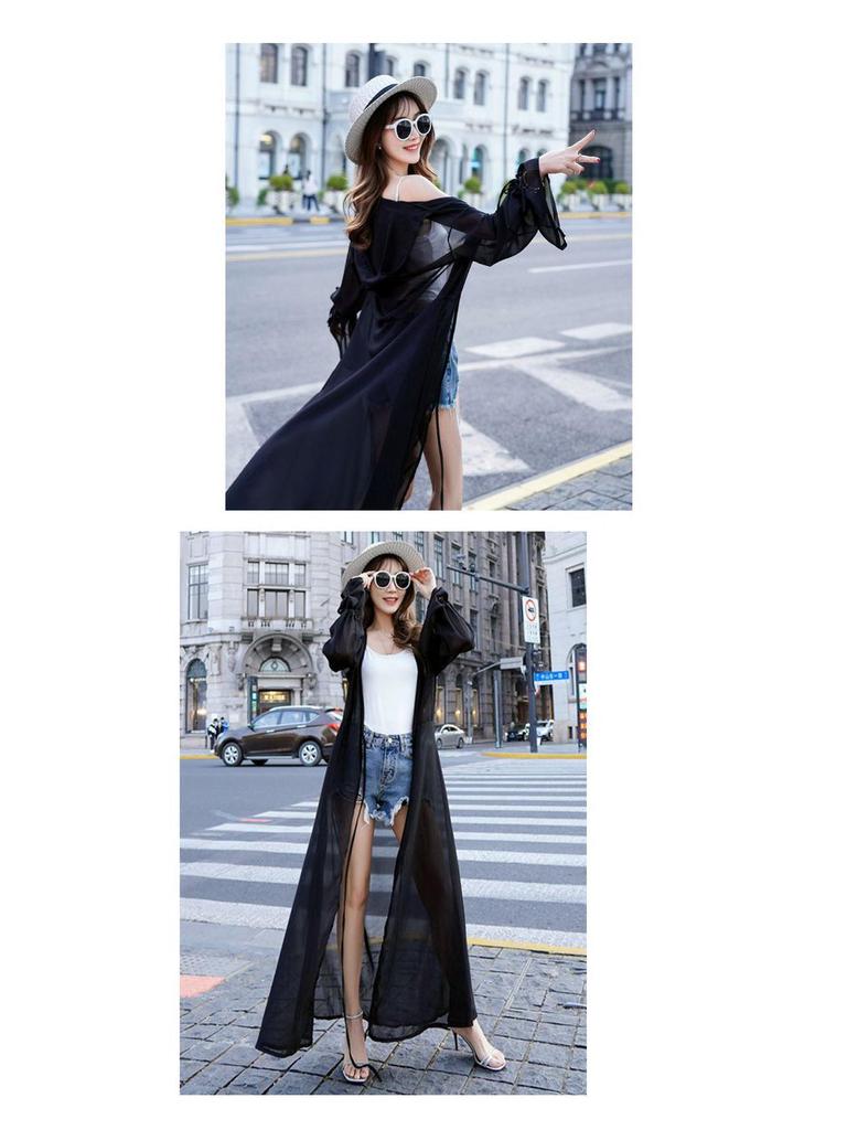 Hooded Beach Print Chiffon Cardigan for Women – Flowy, Breathable, Sun Protection Cape