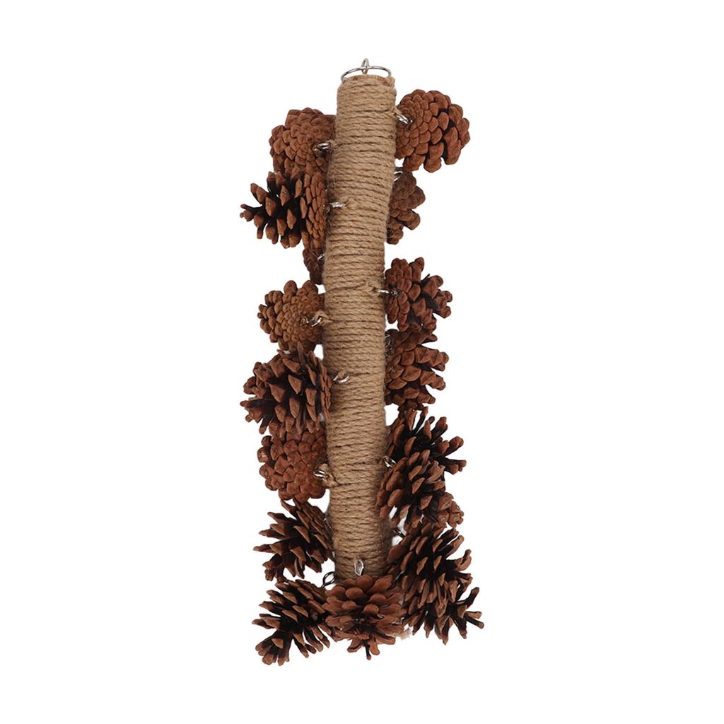 Birds Bite Toy Wooden Pine Cone Hanging Parrots Beak Grinding Toy with Metal Hook for Cage40cm