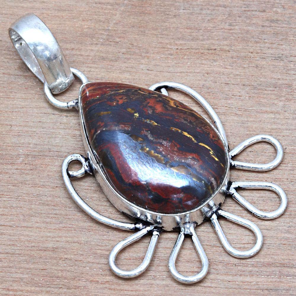 Pendant Iron Tiger's Eye Gemstone Mother'Day Silver Jewelry 1.75"