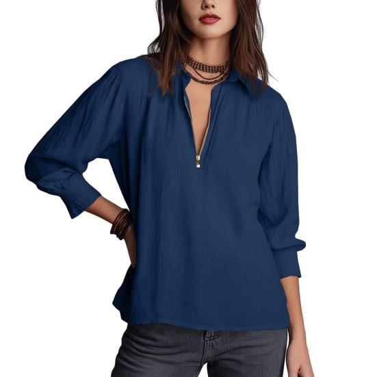 

Женская рубашка на молнии до середины, ретро блузка с длинными рукавами-фонариками, пуловер, повседневная рубашка свободного кроя с лацканами для работы, вечеринки, отпуска M синий