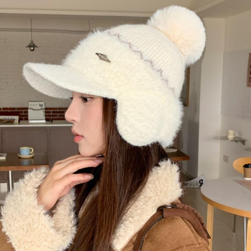 Autumn and Winter Thickened Ear Bag Rabbit Fur Baseball Bag Head Hat Women's Versatile Casual Ear Protection Fleece Knitted Cap