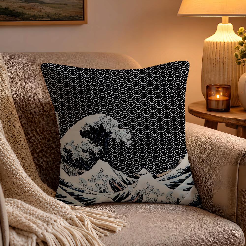 Japanese Waves Anime Cushion Cover Soft Plush Cushion Cover Double Print And Invisible Zipper For Sofa Home Car Use