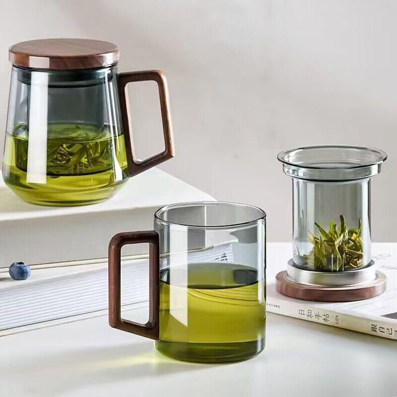 Thickened High Temperature Resistant Glass Water Cup Black Walnut Solid Wood Cover Built-in Filter Home Tea Set Coffee cup