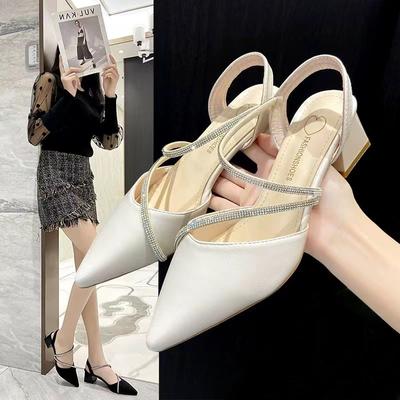 Mode 2025 Sommer Neu Damenmode Bequeme Hohe Absätze Damenschuhe Slipper Spitz Zehenbereich Strass Sandalen Zapatillas Mujer