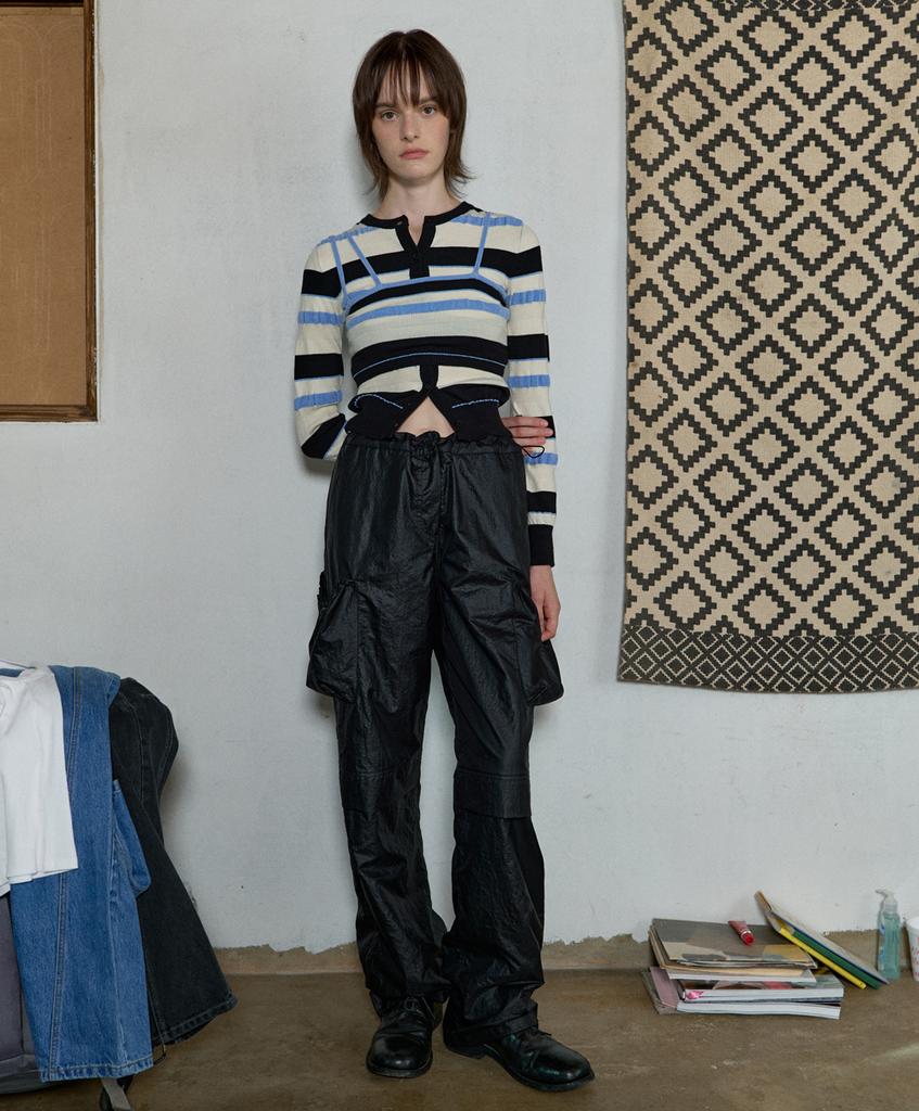 Aobteu Stripe Knit Bra Top - Black/Sky