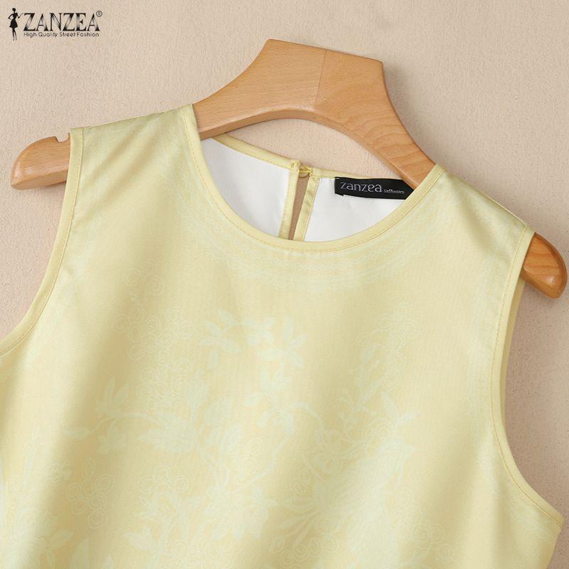 ZANZEA Women Print Casual Round Neck Loose Sleeveless Tank Tops