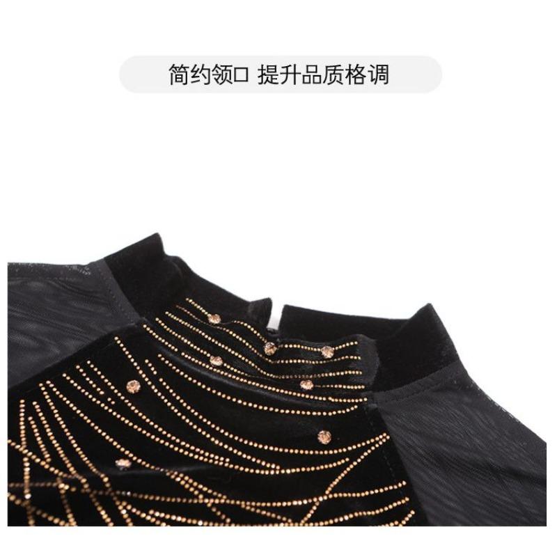 Women's Mock Neck Mesh Panel Top Rhinestone Chain Pattern Slim Fit Coffee Brown Elegant Blouse