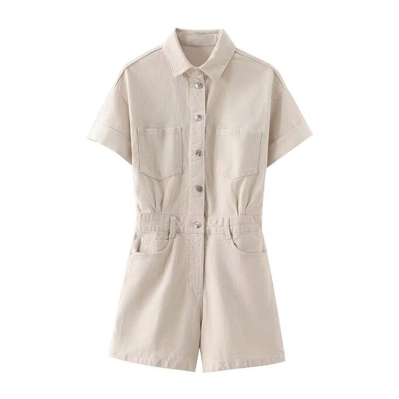 

Flip Collar Casual Denim Shortjumpsuit Lapel Casual Denim Short Jumpsuit Beige-K321 M(M)