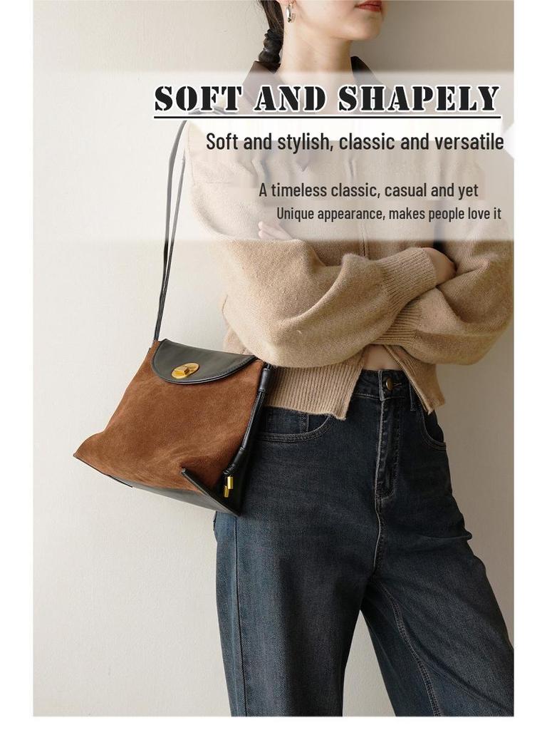 Women's Genuine Leather Suede Patchwork Crossbody Bag - Casual, Fashionable, Versatile Shoulder Bag