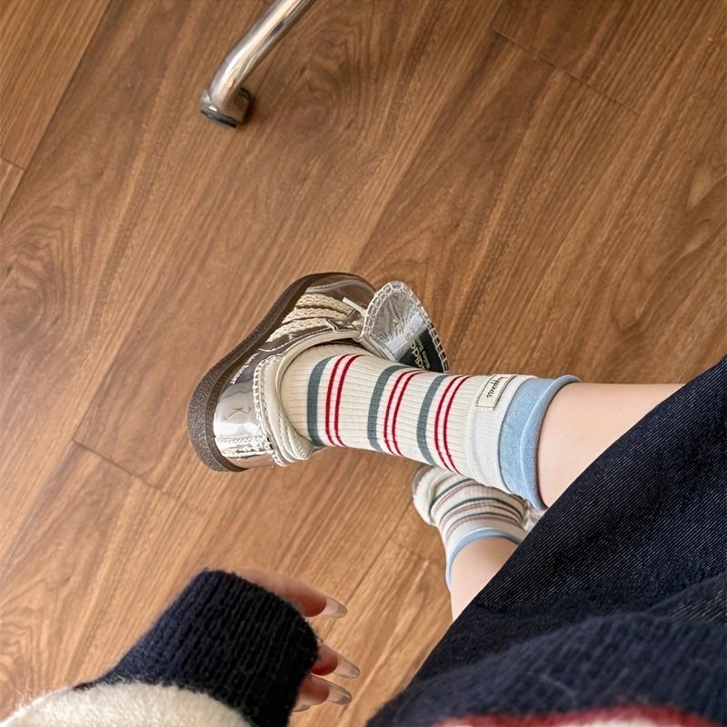 5-Pair Women's Striped Mid-Calf (tube) Socks Suitable for Fall/Winter - Warm Casual Casual Attire with Lettered Fabric Label Splicing