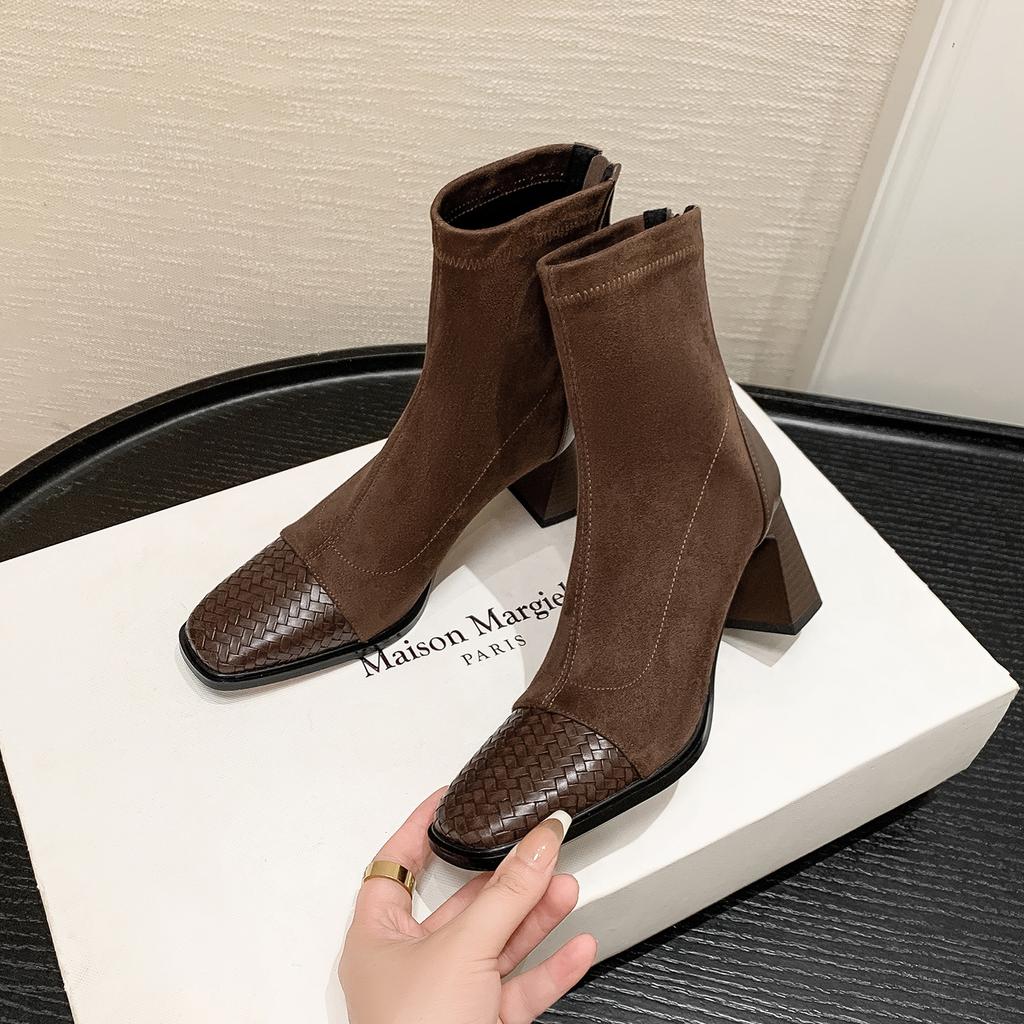 7CM French retro splicing temperament high-heeled boots 2025 autumn and winter new square head thick heel rear zipper light luxury short boots