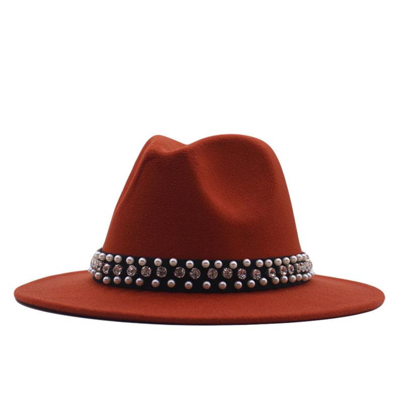 European and American Style Spring and Autumn Winter Imitation Felt Big Edge Hat British Retro Woolen Top Hat Women's Pearl Rhinestone Ribbon Jazz Hat