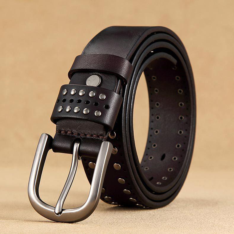 

Belt Women S First Layer Cowhide Simple Rivets Genuine Leather Casual Decorative Jeans Wide Belt Punk Trendy Belt 110cm темно-коричневого