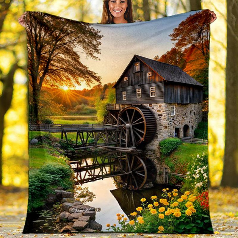 

Vintage Water Mill Scenery Fleece Printed Flannel Blanket, Warm Soft Throw Sofa Bed Blanket 80cm x 120cm
