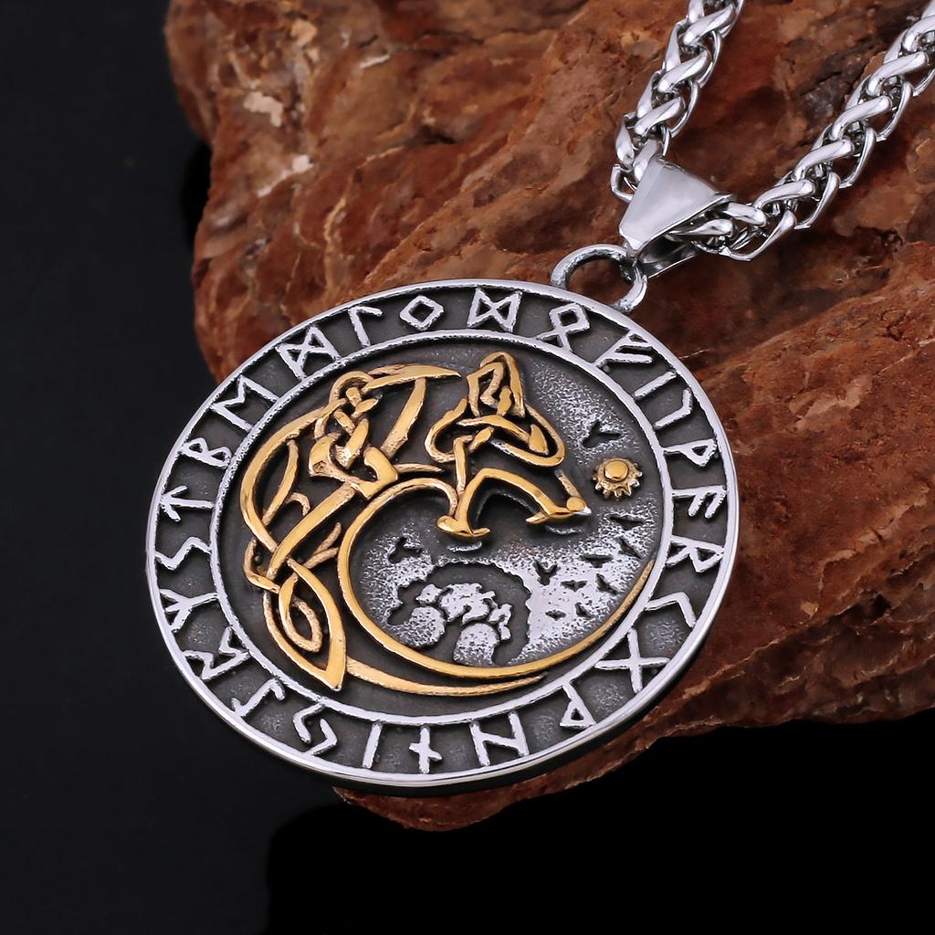 Stainless Steel Nordic Mythology Wolf Necklace Viking Vintage Rune Amulet for Men Women Pendant Jewelry Gift