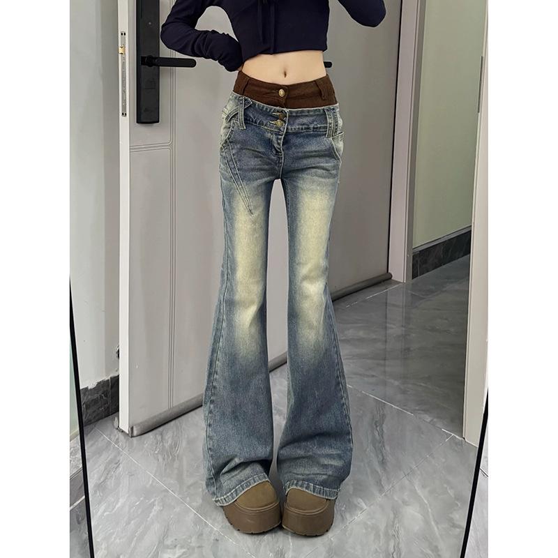 

Spicy Girl Stone Washed Blue Micro Flare Jeans with Waistband Patchwork - Women s Winter 2025 Collection M синий