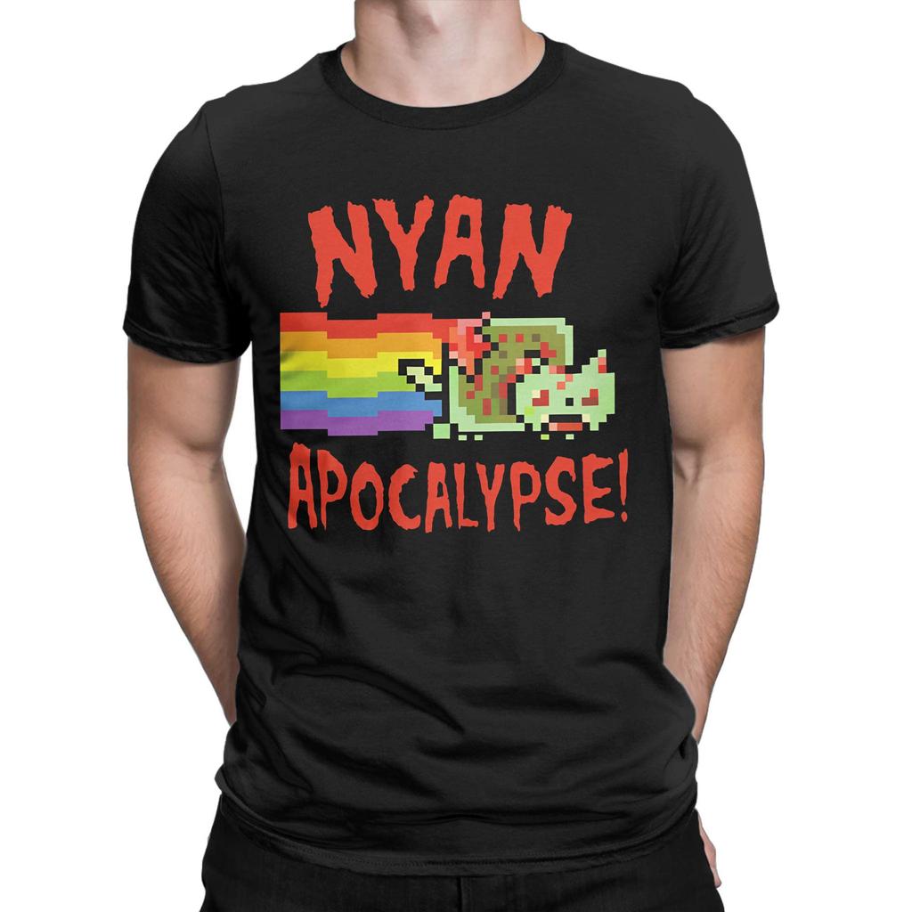 Nyans Apocalypse T Shirt Mens Cotton Vintage TShirts Crewneck Meme Cat Tee Shirt Short Sleeve Tops Plus Size