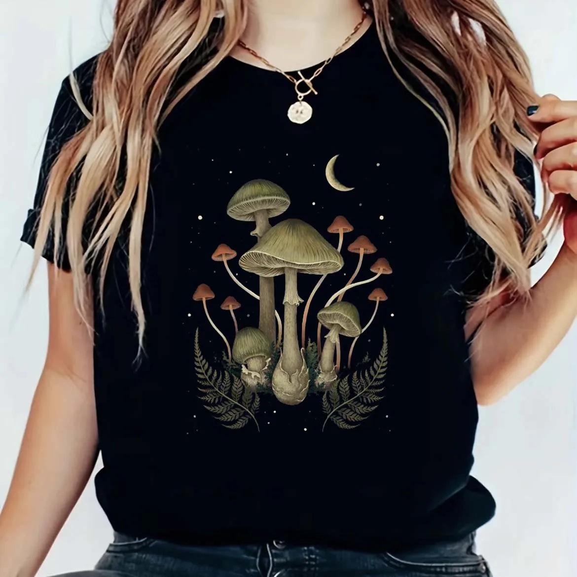 Cute mushroom print pattern, women s top, short-sleeved women s new black print fashion T-shirt S