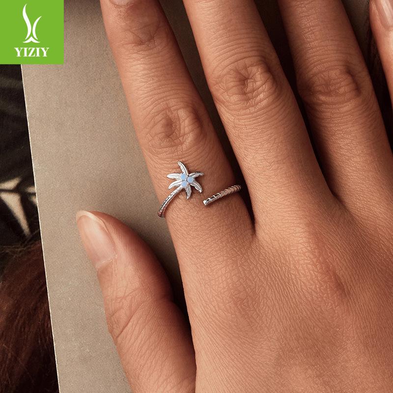 925 Sterling Silver Summer Vacation Style Coconut Tree Open Ring Fashion Ring Women'S Niche Premium Light Luxury
