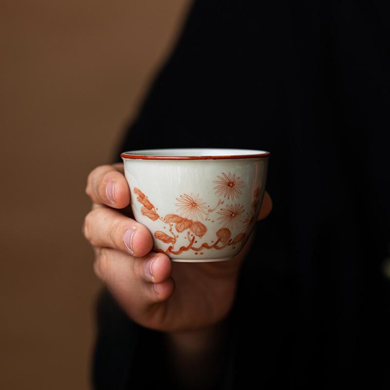 Grasswood Gray Glaze Hand-painted Jar Cup Retro Style Elegant Tea Cup Chinese Small Tea Cup Ceramic Kung Fu Tea Set