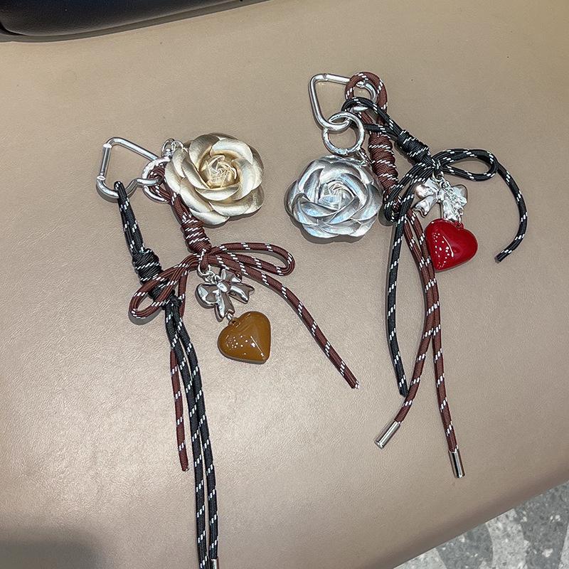 Handmade Camellia Flowers Personalized Heart Keychain Creative Simple Diy Rope Pendant Tassels Trendy Accessory Gifts