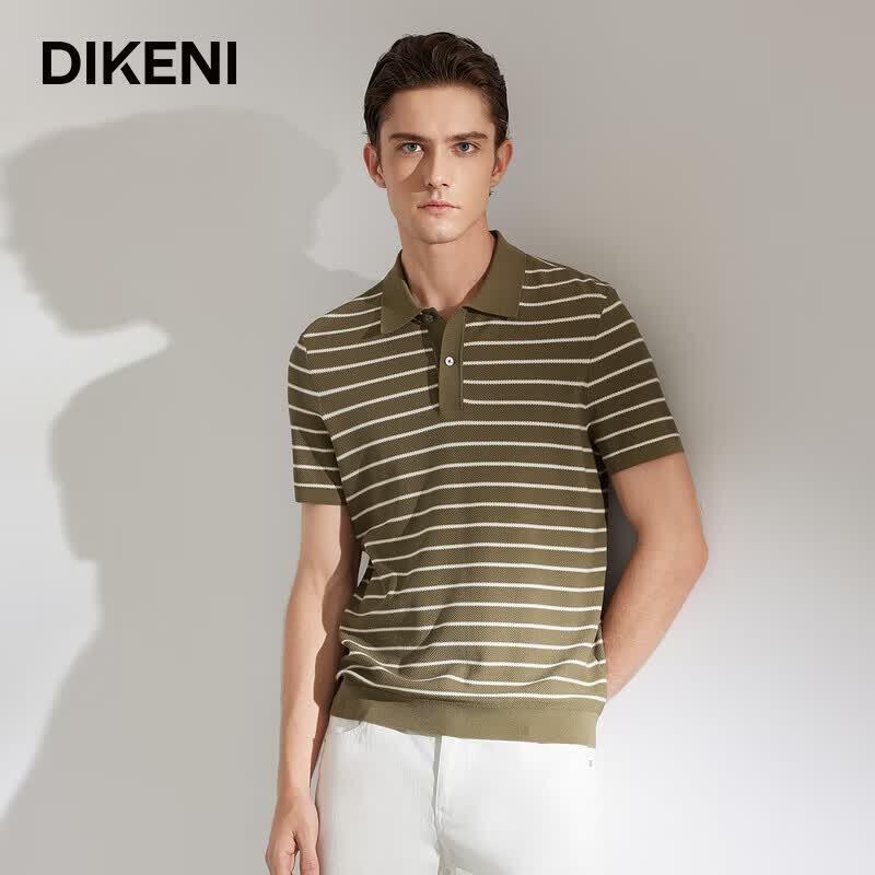 DIKENI Men s Gray-Green Striped Knit Polo Shirt 2XL