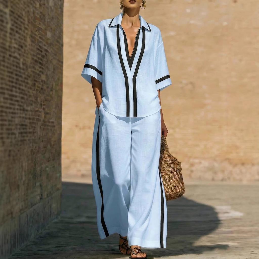 Women Striped Lapel Short Sleeve Shirt And Wide Leg Pants Set Casual Loose Fit Summer Tracksuit