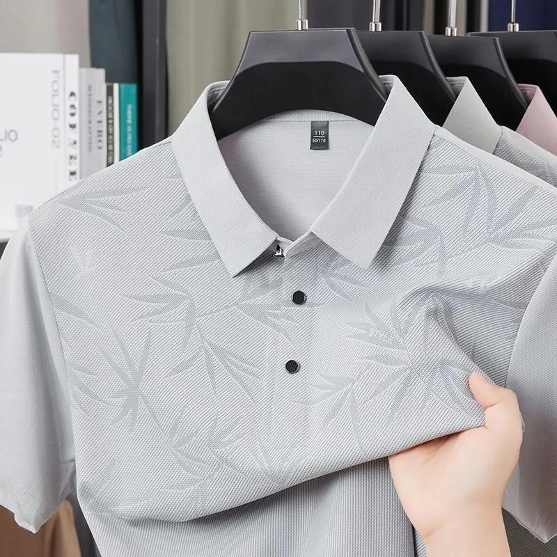 Men's Summer Grey Bamboo Leaf Print Polo Collar Short Sleeve Shirt