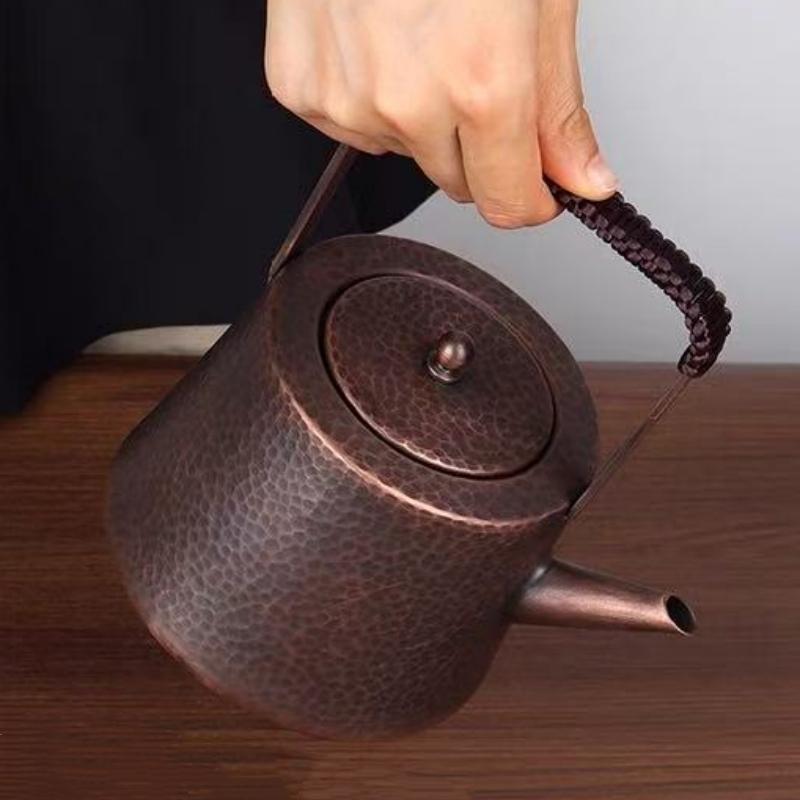 Outdoor Vintage Copper Coffee Kettle,Handcrafted Hammer Texture Weave With lid Handheld Camping Pot,Heat Resistant Filter Teapot