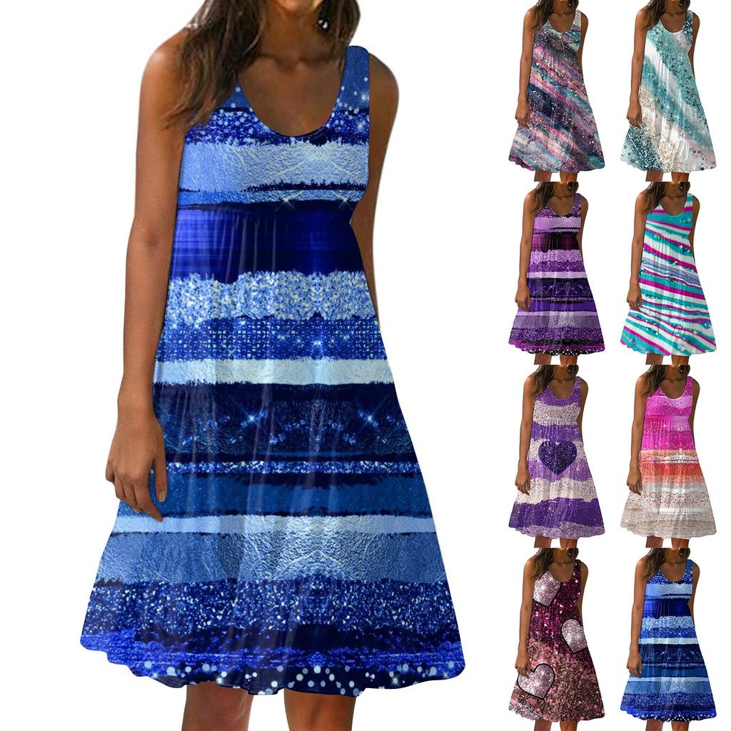 Women's Dress Cute Sleeveless Casual Print Slip Beach Skirt Sundress