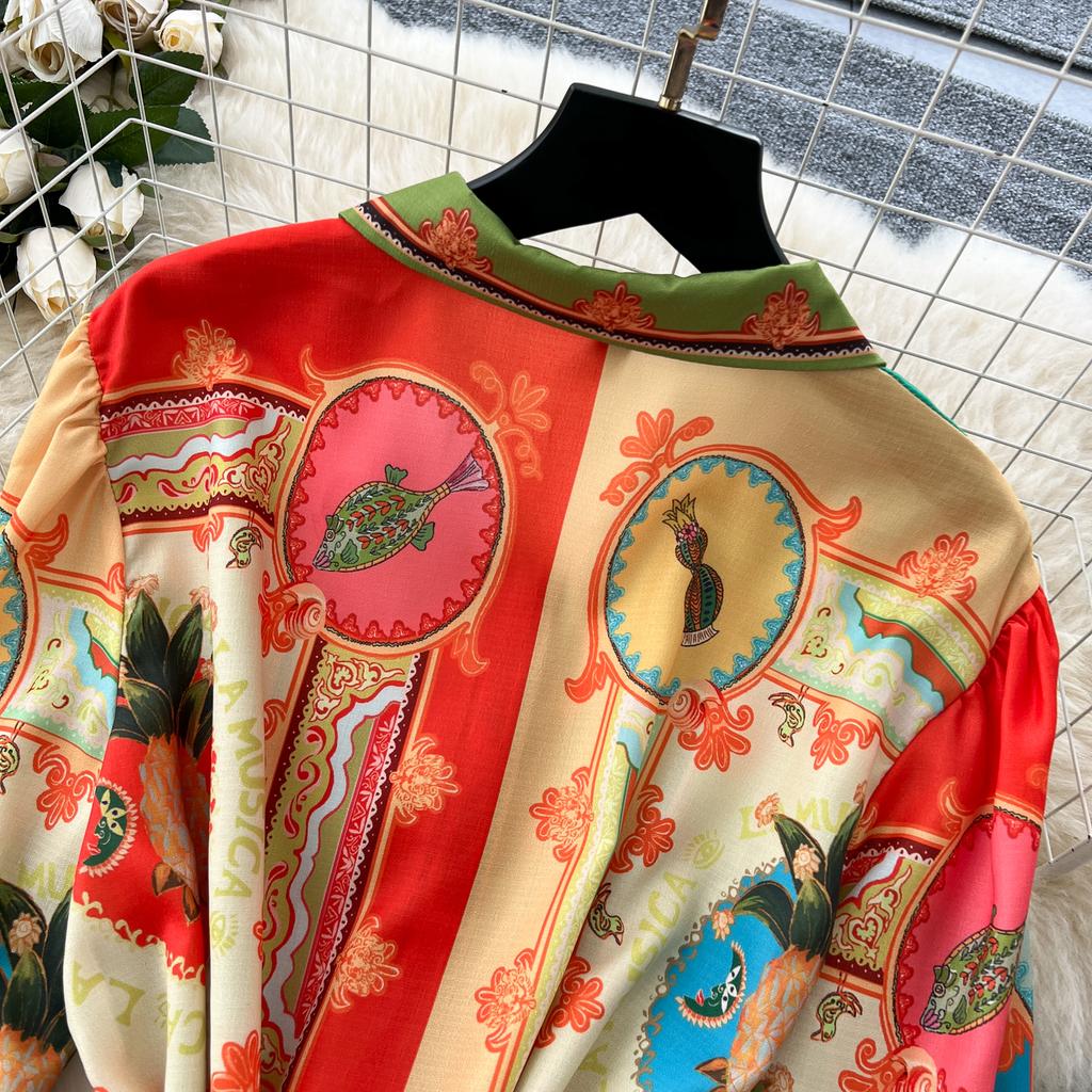 Frühling Sommer Damen Marke Designer Vintage Print Laufstegkleid Umlegekragen Lang Maxi Hemd Partykleider