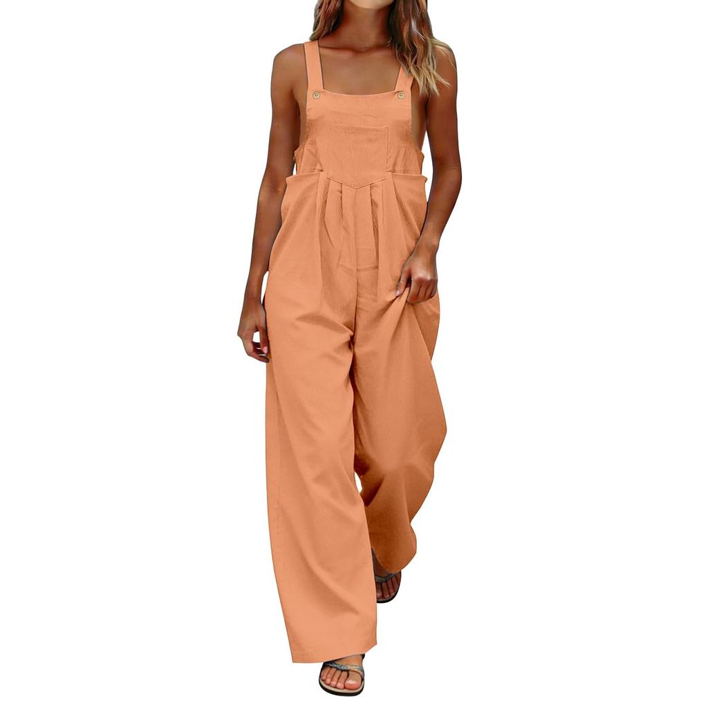 Women's Fashionable Color Sleeveless Casual Wide Leg Loose Jumpsuit With Pocket
