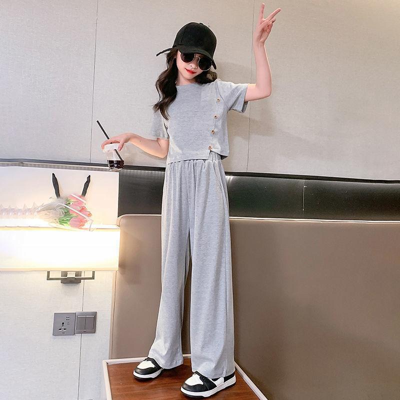 

Летние комплекты одежды для девочек, детские повседневные футболки с коротким рукавом + свободные брюки, 2 шт., детские костюмы для подростков 6, 8, 10, 12, 14 лет 150 серый