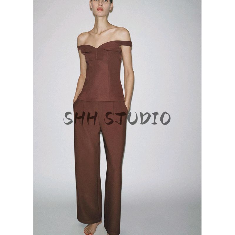 Crepe Wide Leg Mid-Waist Comfortable Minimalist Casual Pants 5070005 V-neck off-Shoulder Short Top 5070004