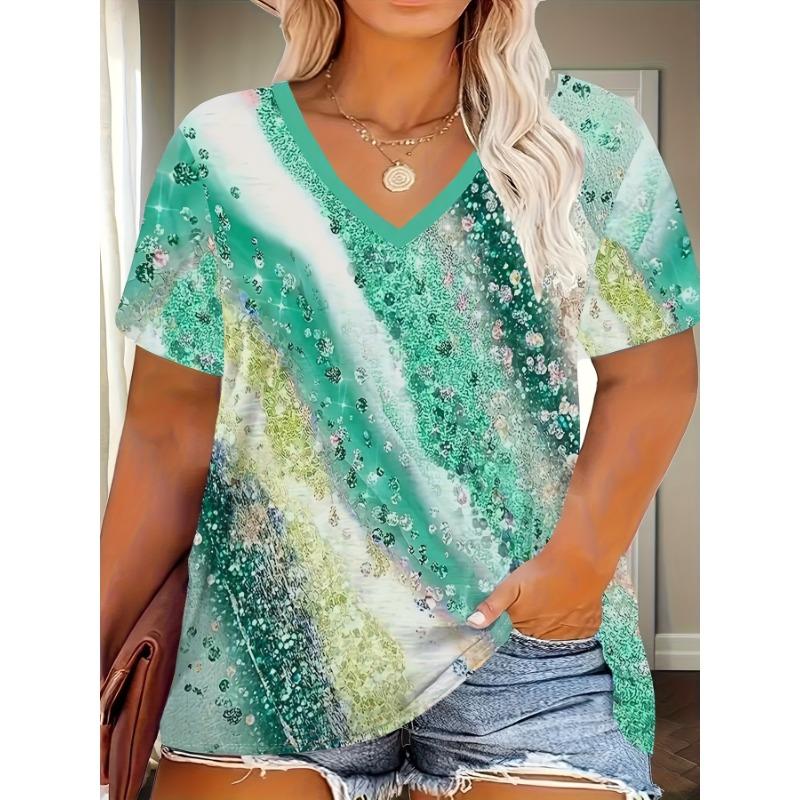Butterfly print short sleeved V-neck T-shirt in large size S