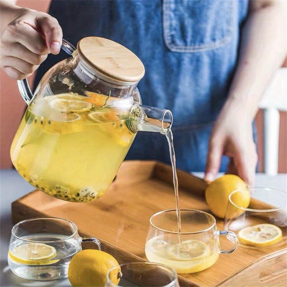 Jarra de Vidrio de Borosilicato Alta para Agua Fría Resistente al Calor 1000ml/1800ml Gran Capacidad Jarra para Té de Frutas con Tapa de Bambú Tetera Transparente