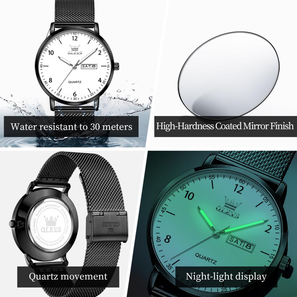 OLEVS Original Quartz Watches for Men Minimalist Mesh Steel Strap Men's Watches Dual Calendar Waterproof Luminous Man Watch 2996