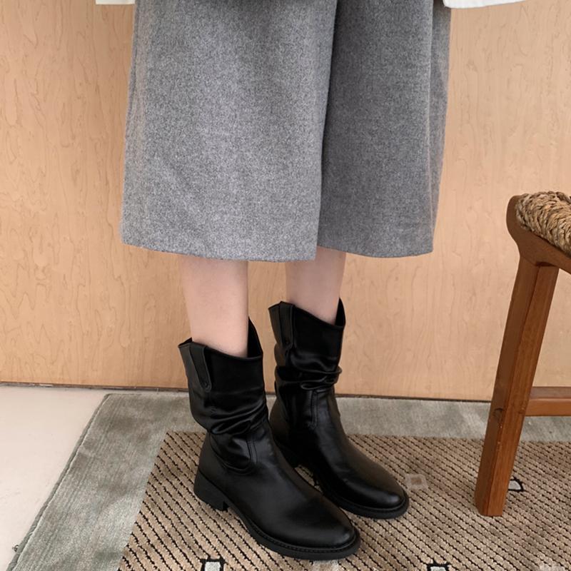 Autumn Winter Women Western Ankle Boots Fashion Slip On Thick Heel Shoes Ladies Elegant Pleated Short Booties