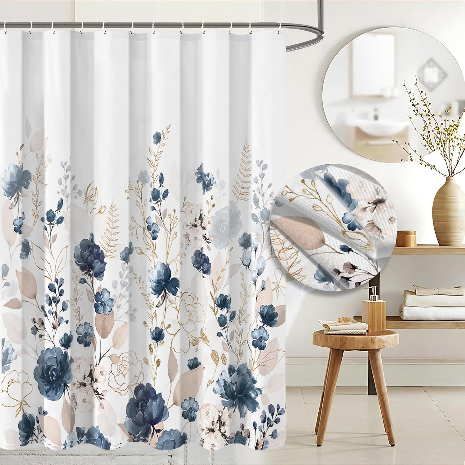 

Aesthetic Navy Blue Floral Shower Curtain Sets, Watercolor Gold Flowers Leaves Bathroom Decorative 72x72 Inch Polyester Waterpro 90x180cm