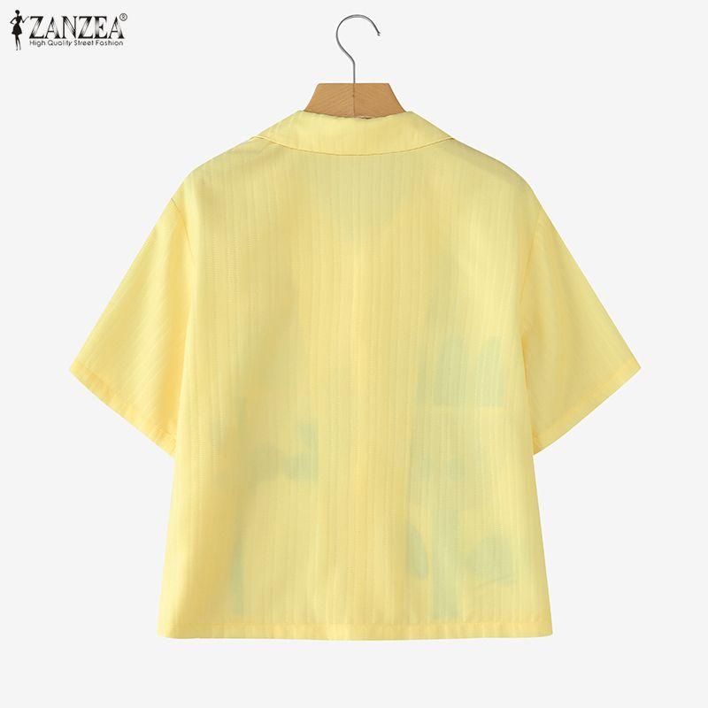 ZANZEA Women Casual Turn Down Collar Short Sleeve Loose Print Blouse