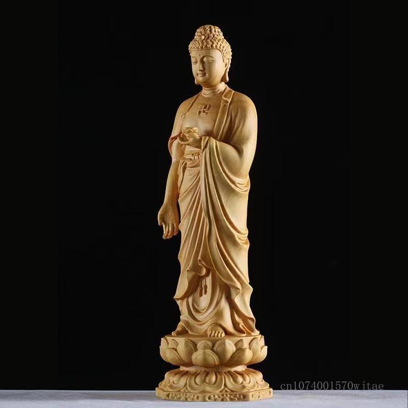 Boxwood Buddha Statue Stand, Amitabha Bodhisattva Buddha Household and Office Decoration, Avalokitesvara, Guanyin Sculpture, 1Pc