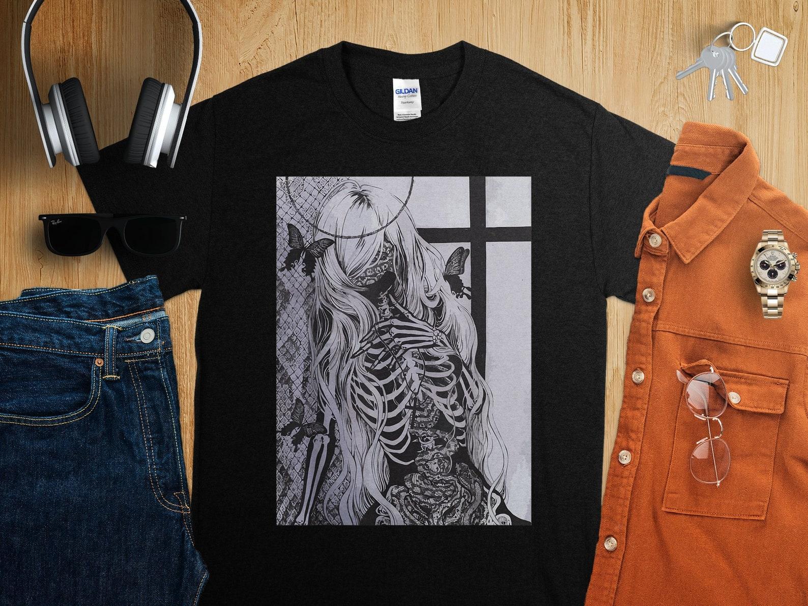 Dark Art soft grunge y2k female skeleton skull butterfly T-Shirt Creepy Shirt, Gothic Horror, weird, gore, body horror, paranormal, ghosts S
