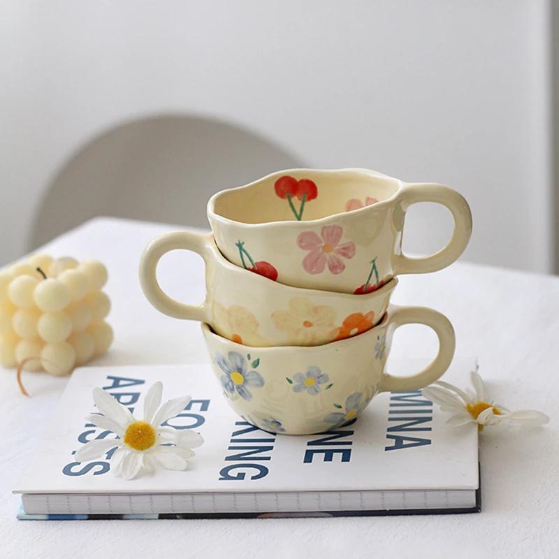 Ceramic Mugs Coffee Cups Hand Pinched Irregular Flower Milk Tea Cup Ins Korean Style Oatmeal Breakfast Mug Drinkware Kitchen